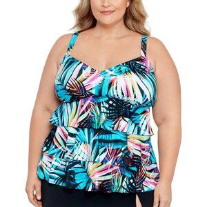 NWT Swim Solutions Plus Size Triple Tier Tankini Swim Top Fiesta Fronds Blue 18W